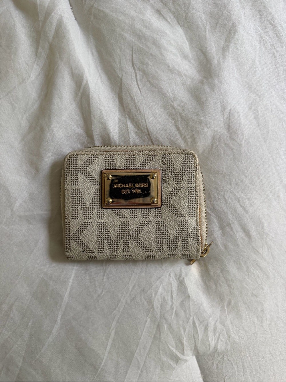 Michael Kors Cream MK Logo Zip-Around Wallet with Gold Plaque